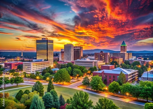 Stunning Huntsville Alabama Skyline at Dusk with Colorful Sunset Over Cityscape and Buildings