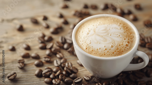 A Cup of Coffee with Coffee Beans on Wooden Table