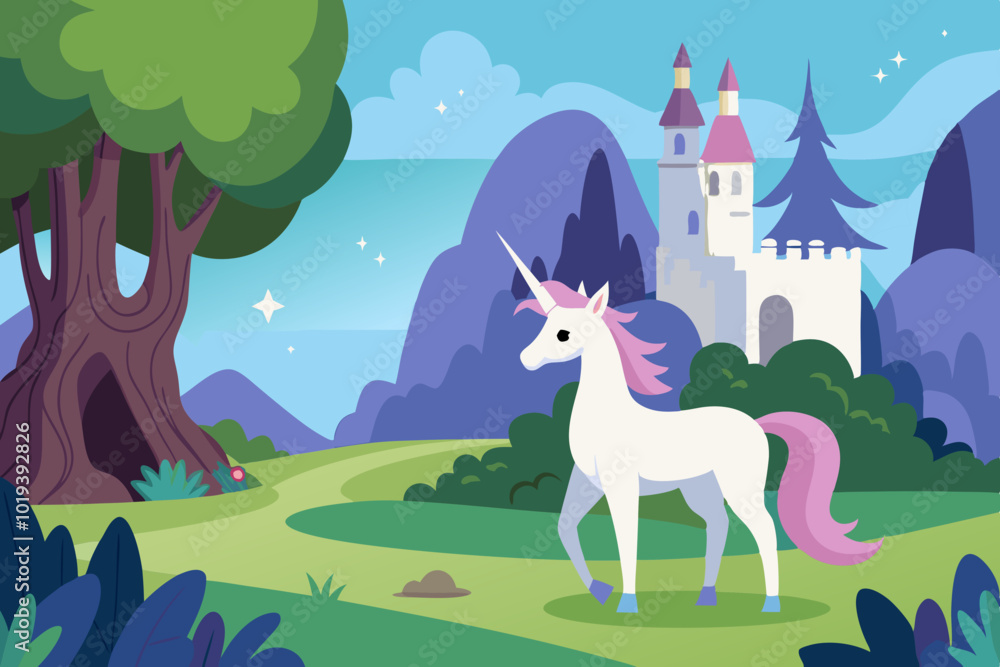 white unicorn in a magic orest near a fairy tale vector art illustration white unicorn in a magic orest near a fairy tale vector art illustration