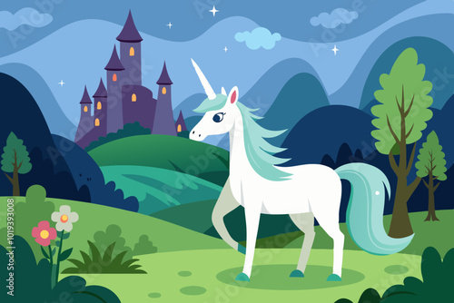  white unicorn in a magic orest near a fairy tale vector art illustration