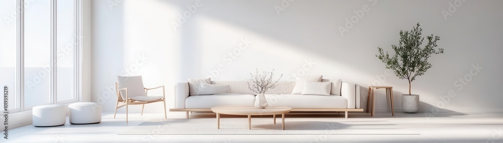 Minimalist Scandinavian living room with natural light and stylish decor, wide-angle shot Minimalist Scandinavian living room with natural light and stylish decor, wide-angle shot