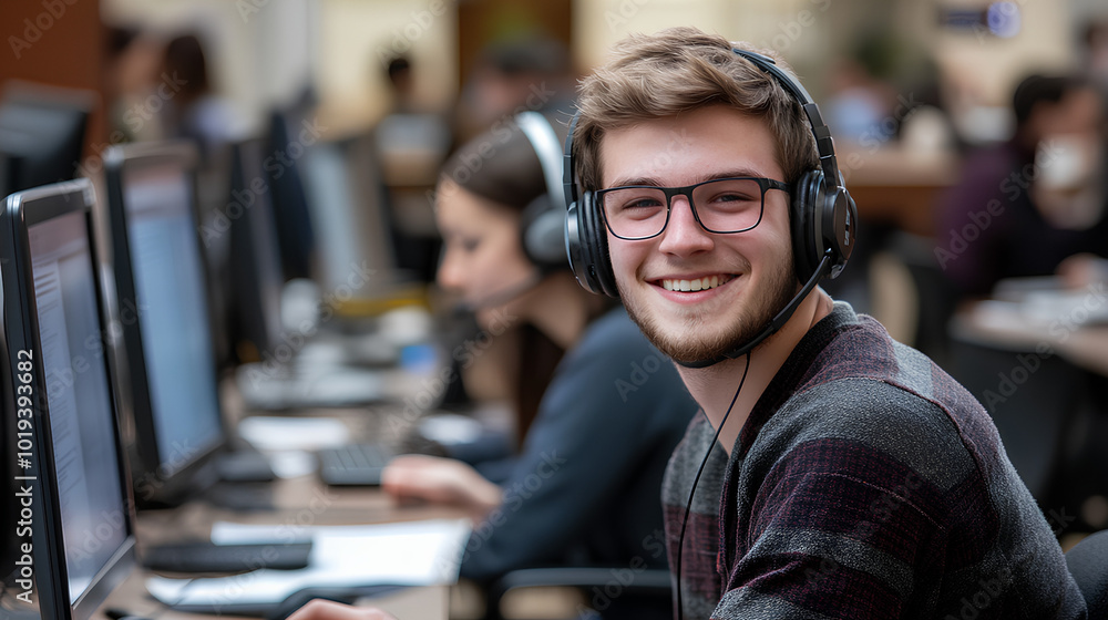 A young man in a call center, wearing headphones and smiling at the camera. A young man in a call center, wearing headphones and smiling at the camera.