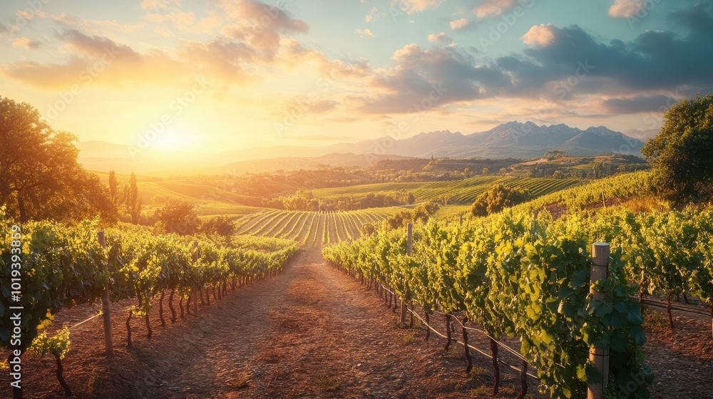 Naklejka premium Scenic vineyard with grapevines and rolling hills, taken at sunrise