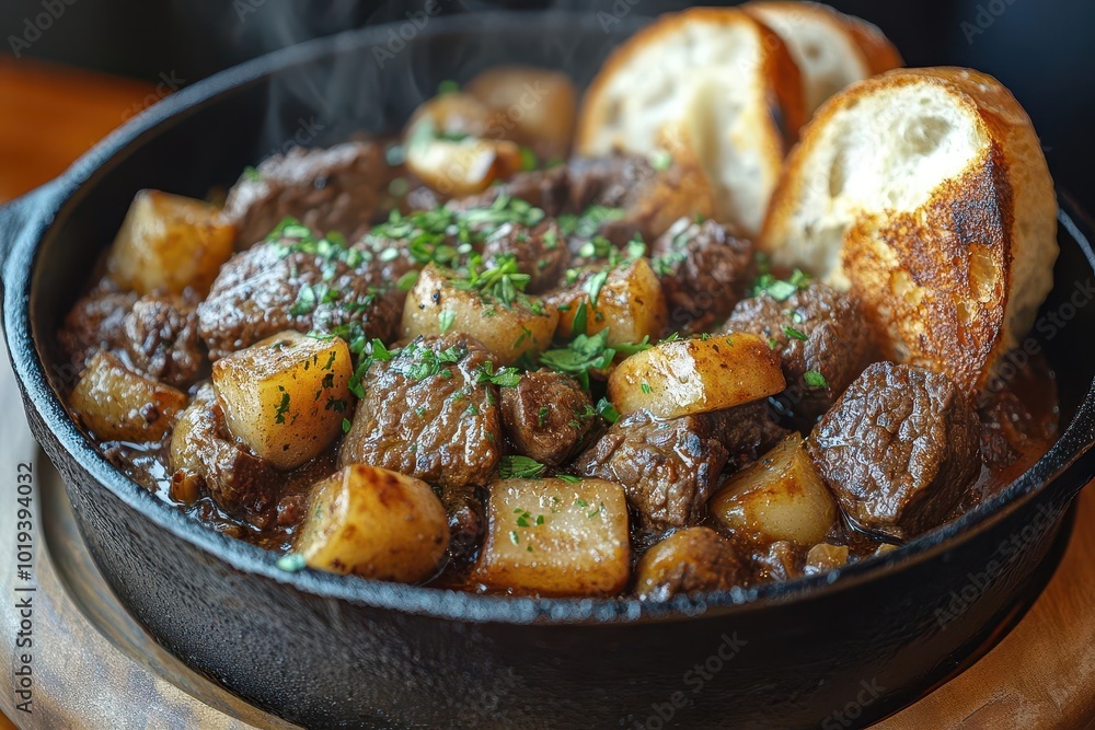 rustic cast iron pot of beef bourguignon steam rising crusty artisanal bread alongside warm lighting emphasizes rich colors and textures rustic cast iron pot of beef bourguignon steam rising crusty artisanal bread alongside warm lighting emphasizes rich colors and textures