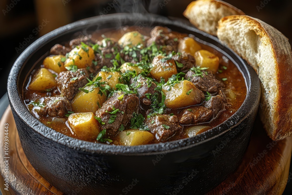 rustic cast iron pot of beef bourguignon steam rising crusty artisanal bread alongside warm lighting emphasizes rich colors and textures rustic cast iron pot of beef bourguignon steam rising crusty artisanal bread alongside warm lighting emphasizes rich colors and textures