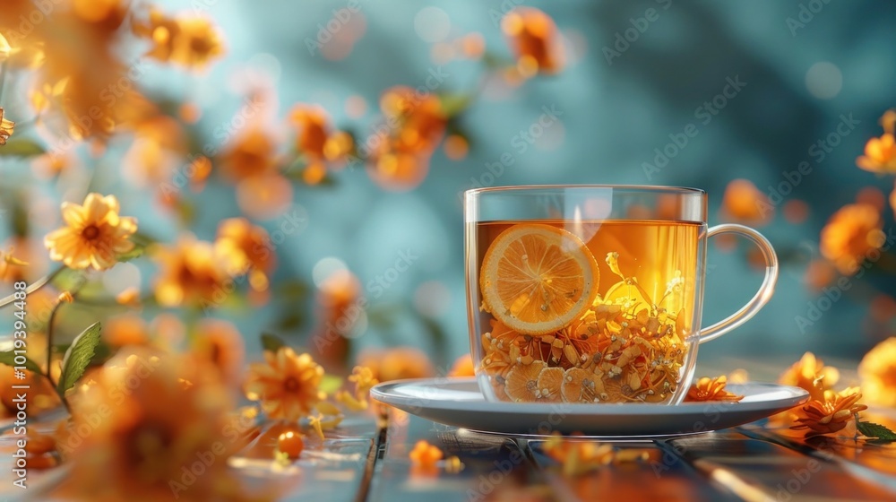 Cozy autumn tea time with vibrant floral accents A warm and inviting still life scene featuring a rustic wooden table a steaming hot cup of tea and a scatter of bright orange and yellow flowers Cozy autumn tea time with vibrant floral accents A warm and inviting still life scene featuring a rustic wooden table a steaming hot cup of tea and a scatter of bright orange and yellow flowers