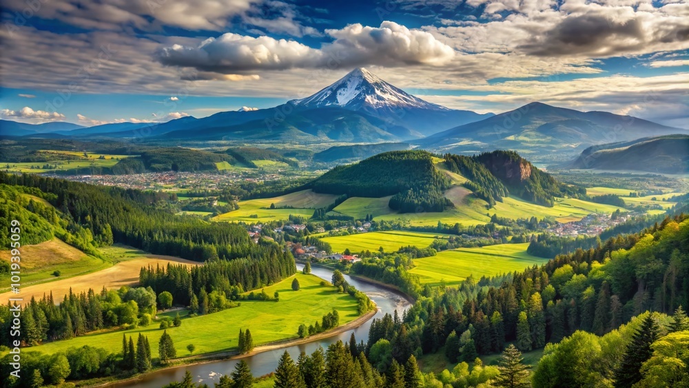 Fototapeta premium Stunning Panorama Point View Overlooking Hood River Valley with Lush Green Landscape and Mountains