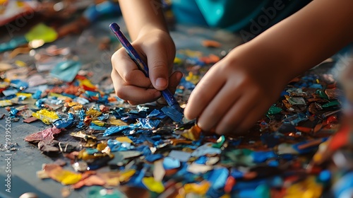 107. A close-up of hands crafting items from recycled materials