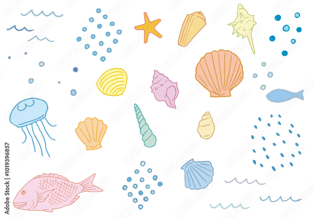 Hand drawn pen drawing illustration set of shells and the sea.(color) Hand drawn pen drawing illustration set of shells and the sea.(color)