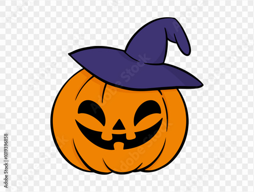 Hand drawn Halloween pumpkin with witch hat, brush stroke style, isolated on transparent background (PNG), perfect for Halloween party posters, brochures, or online ads, vector illustration.