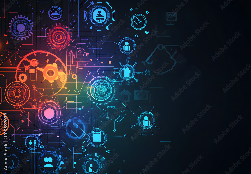 Abstract digital technology background design with gears and icons of people design, AI system concept for business or IT design vector illustration design on a black color background design Abstract digital technology background design with gears and icons of people design, AI system concept for business or IT design vector illustration design on a black color background design
