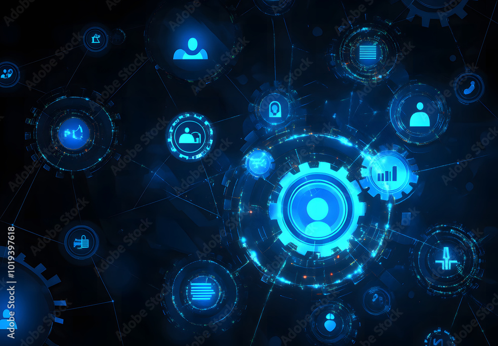 Abstract digital technology background design with gears and icons of people design, AI system concept for business or IT design vector illustration design on a black color background design Abstract digital technology background design with gears and icons of people design, AI system concept for business or IT design vector illustration design on a black color background design