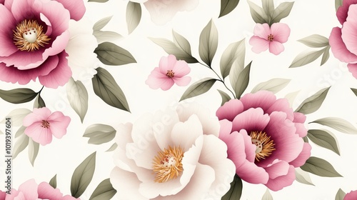 A vibrant and lush floral pattern featuring stunning pink peony blossoms with soft petals and green leaves