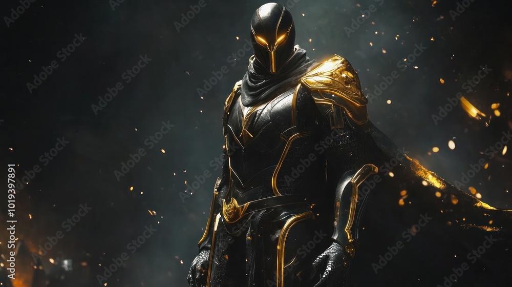 A Warrior in Golden Armor Against a Dark and Smoky Background A Warrior in Golden Armor Against a Dark and Smoky Background