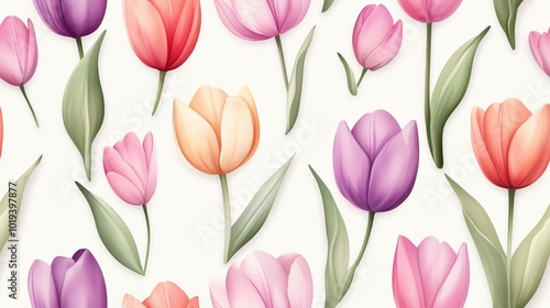 Wallpaper Mural Blooming multicolored tulips with vibrant pink red and purple petals arranged in a decorative floral pattern against a light background  The tulips have green leaves that complement the flowers Torontodigital.ca