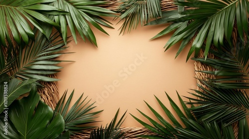 Lush Green Tropical Leaves Bordering a Beige Background