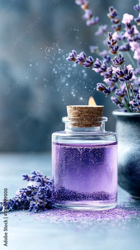 Lavender essential oil in a glass bottle with a cork top. Lavender essential oil in a glass bottle with a cork top.
