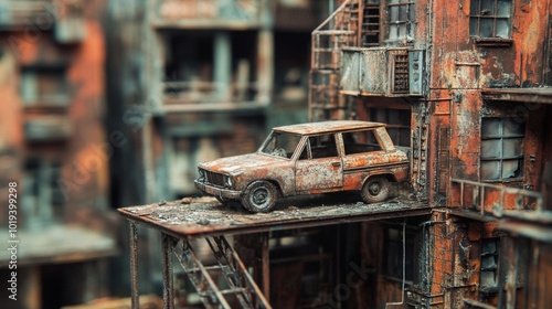 Miniature rusty car on a rooftop of a miniature rusted building.