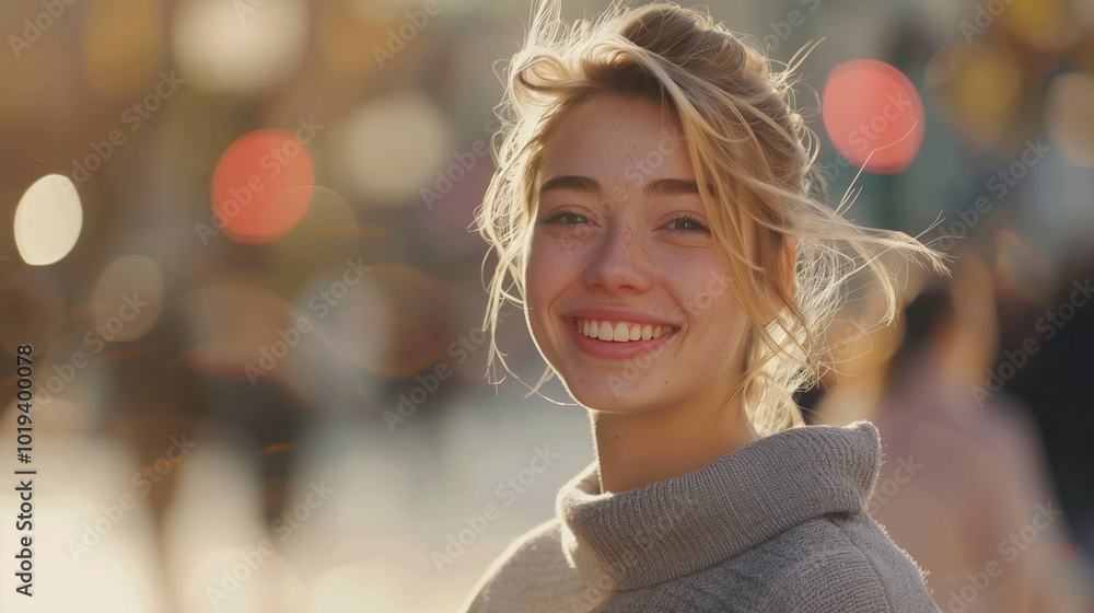 Obraz premium Cheerful young woman smiling outdoors during golden hour with natural backlighting