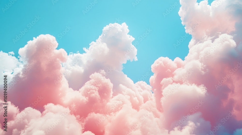 Pink and white fluffy clouds against a bright blue sky. Pink and white fluffy clouds against a bright blue sky.