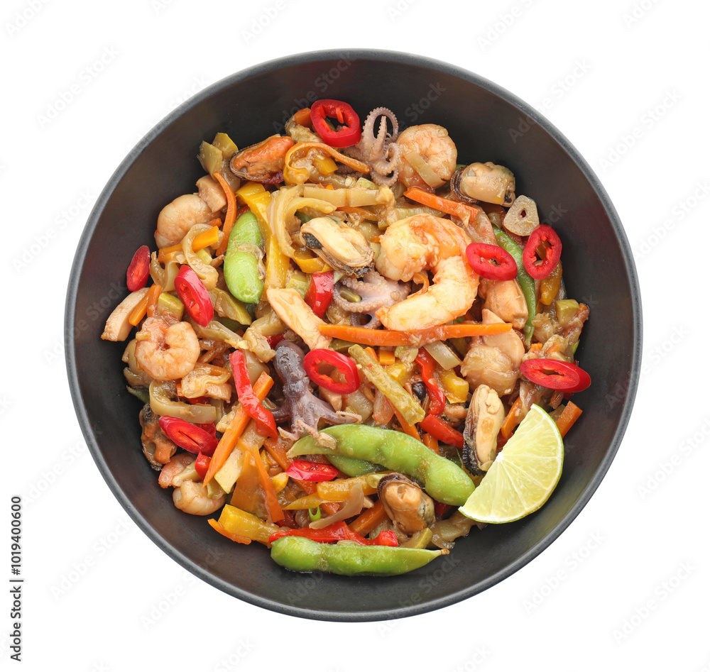 Stir-fry sea food in bowl isolated on white, top view Stir-fry sea food in bowl isolated on white, top view