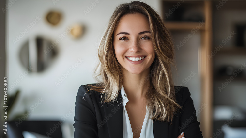 Obraz premium A close-up portrait of a smiling businesswoman in a black blazer.