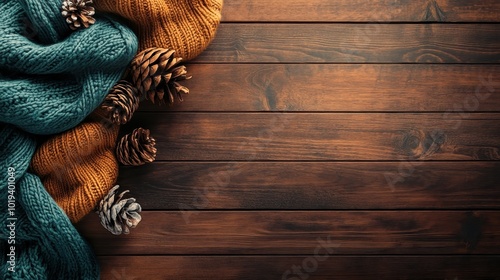 Rustic Wooden Background with Pine Cones and Knitted Scarves