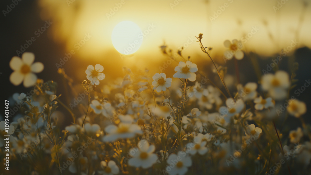 Yellow and White Flowers in Focus with Golden Hour Sunset in the Background Yellow and White Flowers in Focus with Golden Hour Sunset in the Background