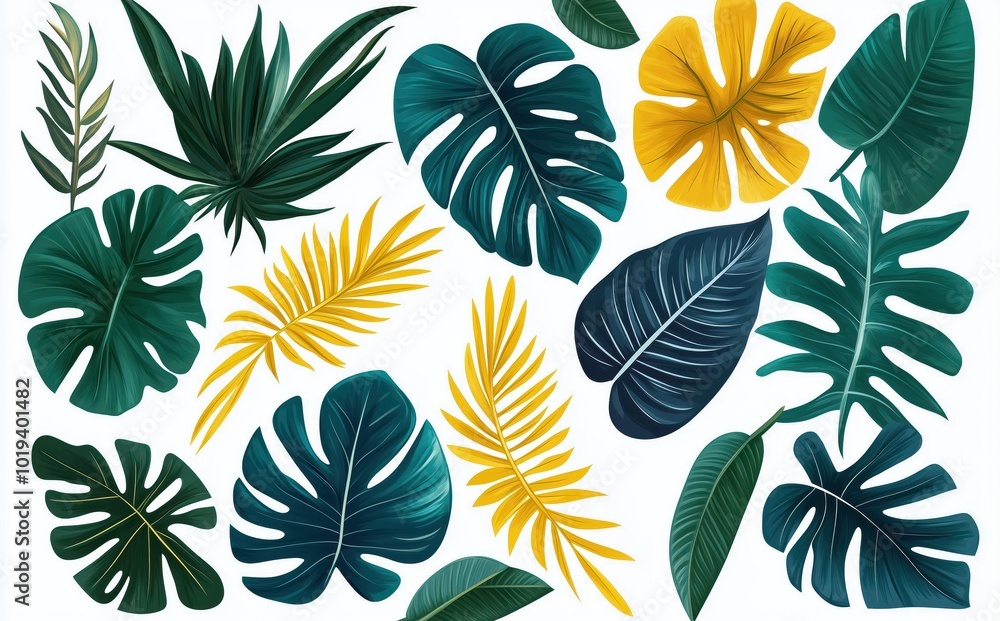 Fototapeta premium Vibrant tropical foliage arrangement featuring a mix of monstera palm and other lush green leaves in a natural botanical setting This image is perfect for use in decor design wellness