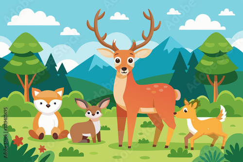  cartoon illustration of wild animals in a spring vector art illustration