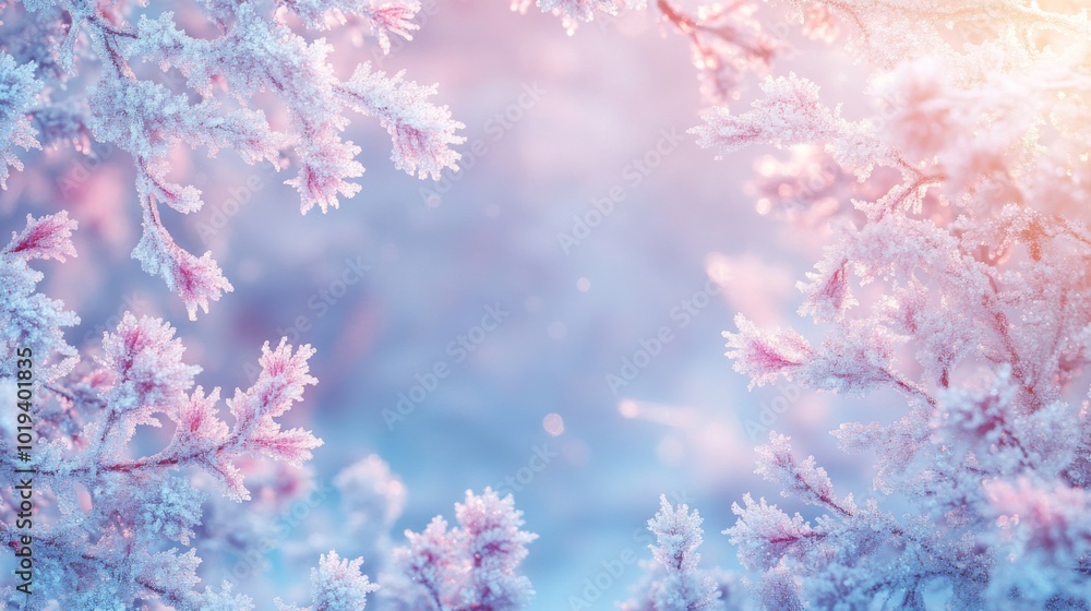 Frost-Covered Branches with a Soft Pastel Background Frost-Covered Branches with a Soft Pastel Background