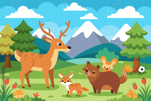  cartoon illustration of wild animals in a spring vector art illustration