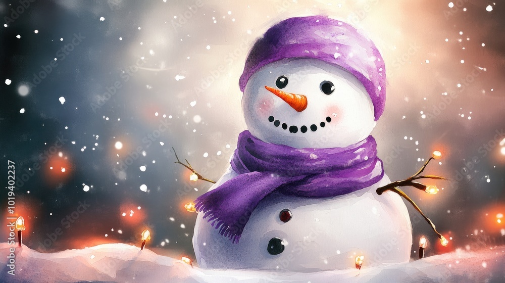 Obraz premium Charming Snowman with Purple Scarf in Winter Wonderland with Falling Snow and Glowing Lights at Dusk
