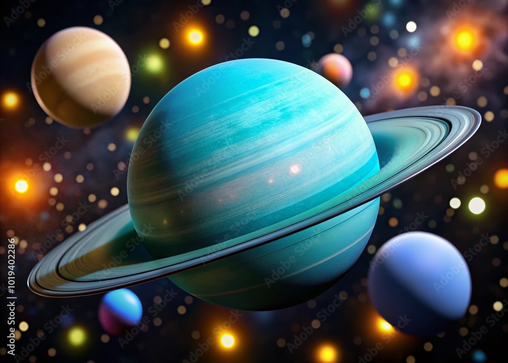 Naklejka premium Stunning View of Uranus and Its Moons in a Beautiful Cosmic Landscape of the Outer Solar System