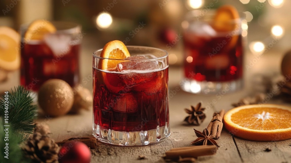Rumbased drinks in a Christmas setting, with warm spices, orange slices, and festive winter decor Rumbased drinks in a Christmas setting, with warm spices, orange slices, and festive winter decor