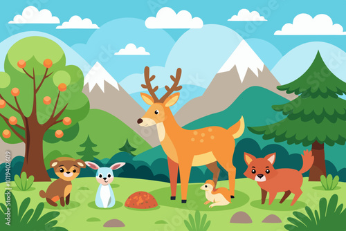  cartoon illustration of wild animals in a spring vector art illustration