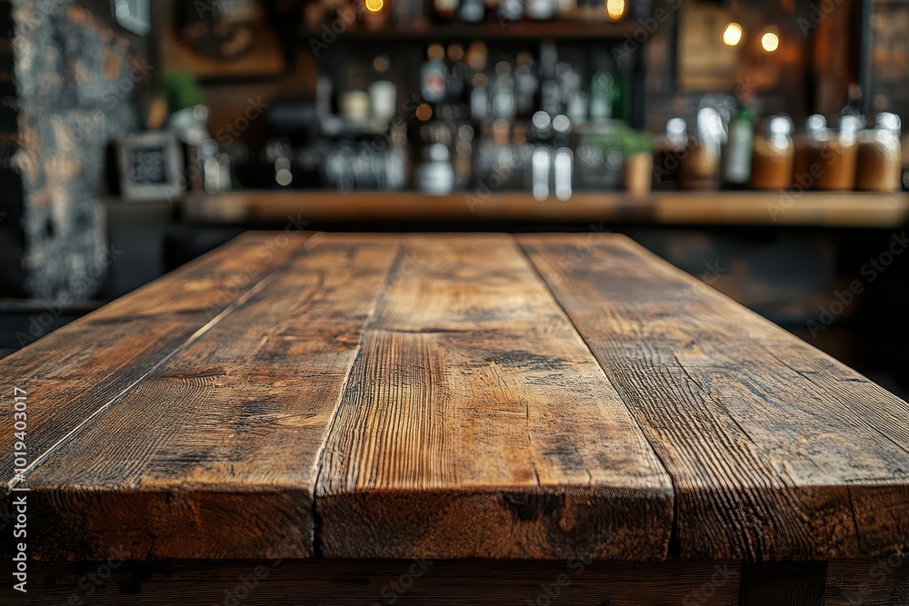 rustic wooden brown tabletop set against a blurred bar background perfect for product presentation with a clean mockup space inviting creativity and showcasing drinks or culinary delights rustic wooden brown tabletop set against a blurred bar background perfect for product presentation with a clean mockup space inviting creativity and showcasing drinks or culinary delights