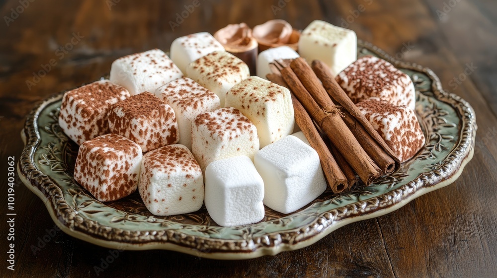 Assorted Marshmallows and Cinnamon Sticks on Ornate Plate for Cozy Autumn Dessert Setting Assorted Marshmallows and Cinnamon Sticks on Ornate Plate for Cozy Autumn Dessert Setting