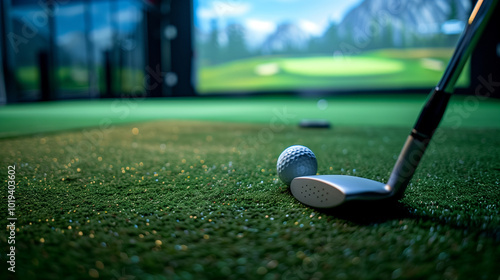 Close-up of golf putter and ball on an indoor virtual golf course with scenic background