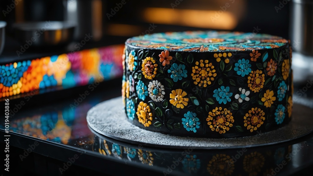 Aesthetic preparation of mosaic cake on a black themed kitchen. bokeh style. Aesthetic preparation of mosaic cake on a black themed kitchen. bokeh style.