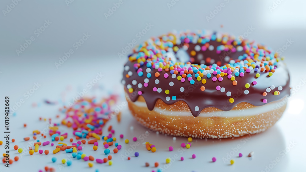 Chocolate glazed donut with colorful sprinkles on white background Chocolate glazed donut with colorful sprinkles on white background