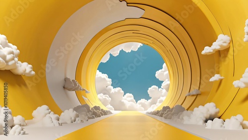 3d render, abstract minimal yellow background with white clouds flying out the tunnel