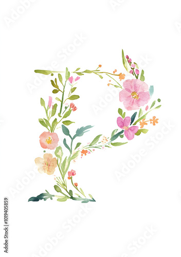 Letter "P", delicate, detailed, floral, painting, watercolor, solid white background, muted colours