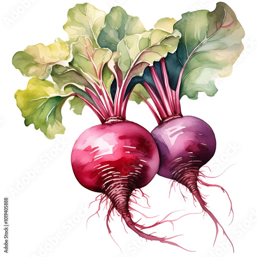 Two Beets with Green Leaves Isolated on Transparent Background. Hand-drawn Watercolor Vector Illustration. Clip Art. 