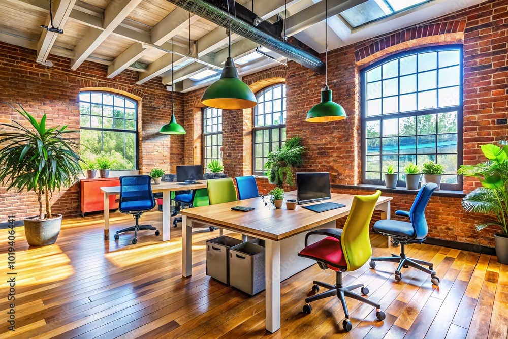 Obraz premium Stylish Exposed Brick Office Space with Modern Furniture and Bright Natural Light for Creative Work