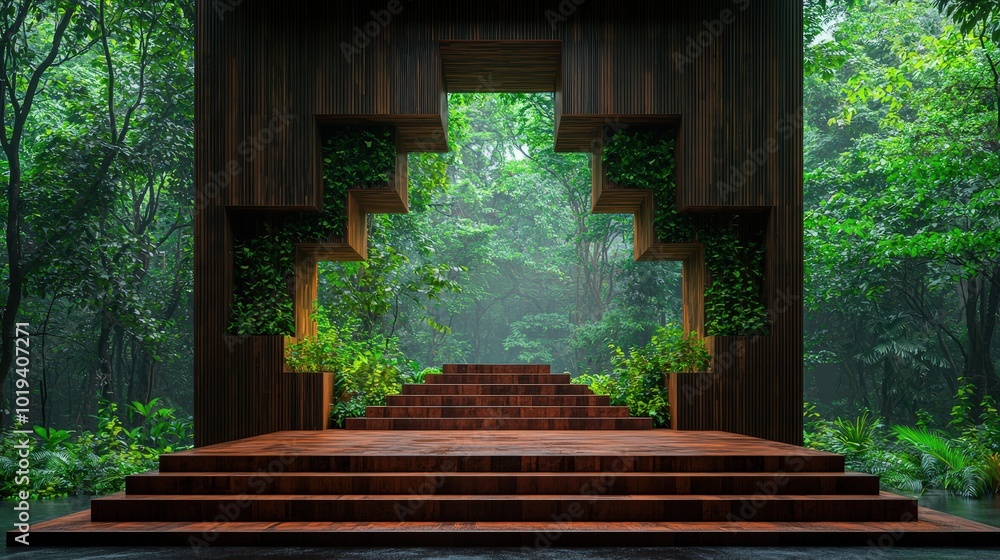 Modern Wooden Structure with Green Plants and Forest View Modern Wooden Structure with Green Plants and Forest View