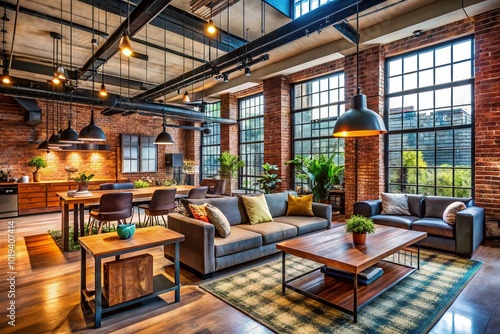 Stylish Modern Industrial Interior with Exposed Brick Walls, Metal Fixtures, and Open Layout Design