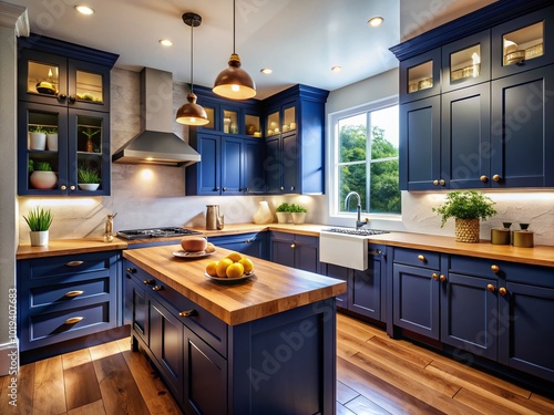 Stylish navy blue kitchen cabinets paired with warm butcher block countertops for modern homes