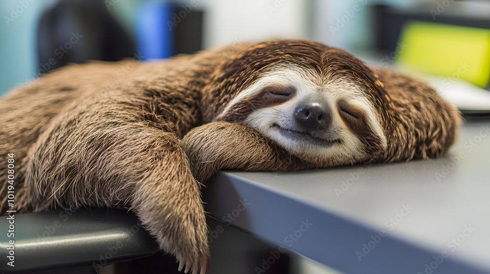 Naklejka premium A relaxed sloth peacefully sleeps in an office space. embracing a tranquil and unconventional workplace vibe idea for copy space