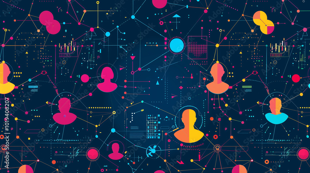 Fototapeta premium Abstract digital representation of social network connections with colorful human icons on dark background